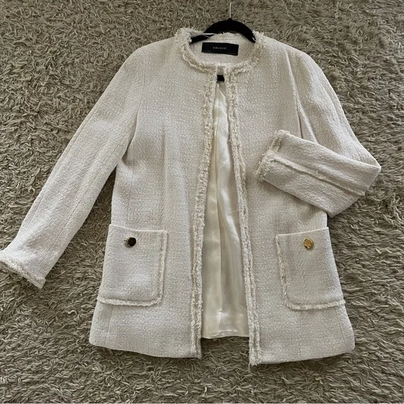 Zara Jackets Coats Zara Tweed Jacket In Cream Color Size M - Main Image